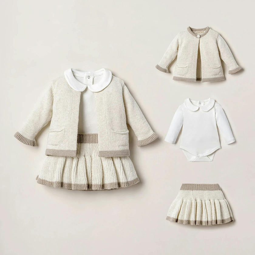 3-Piece Knit Cardigan, Bodysuit & Pleated Skirt Set