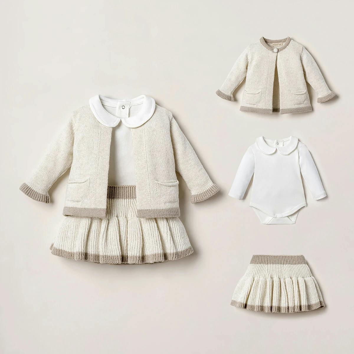 3-Piece Knit Cardigan, Bodysuit & Pleated Skirt Set