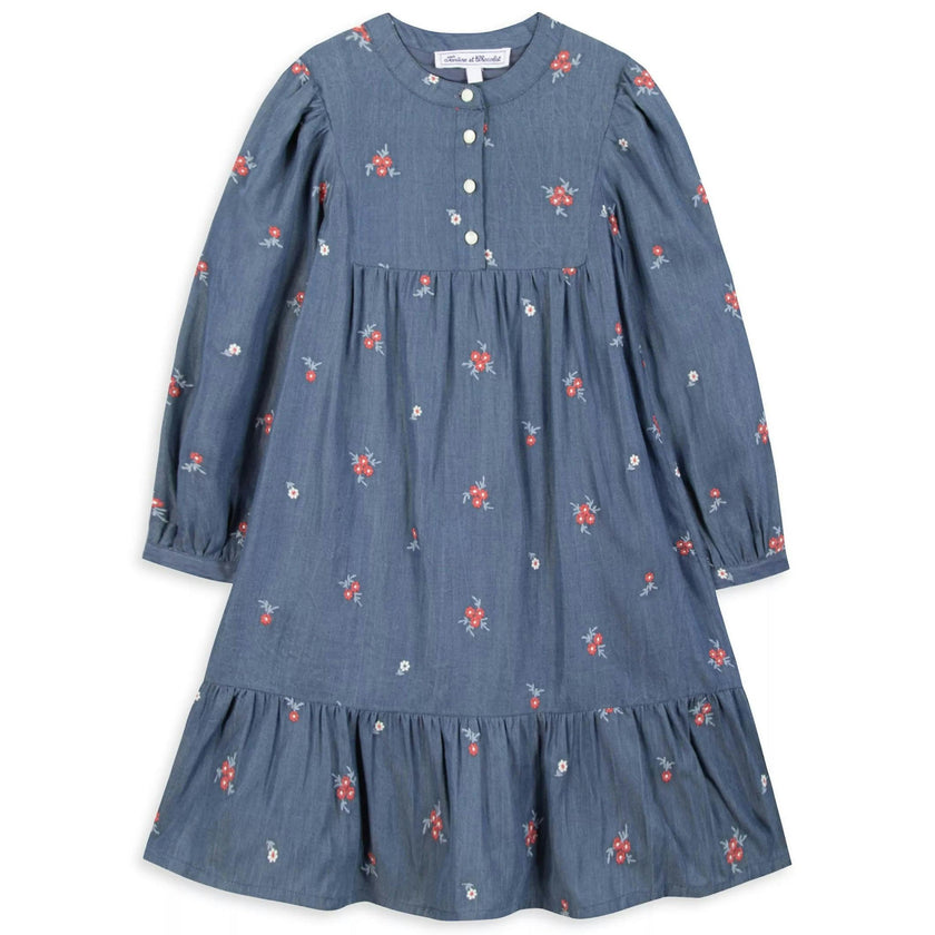 Chambray Floral Embroidered Long Sleeve Midi Dress