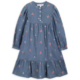 Chambray Floral Embroidered Long Sleeve Midi Dress