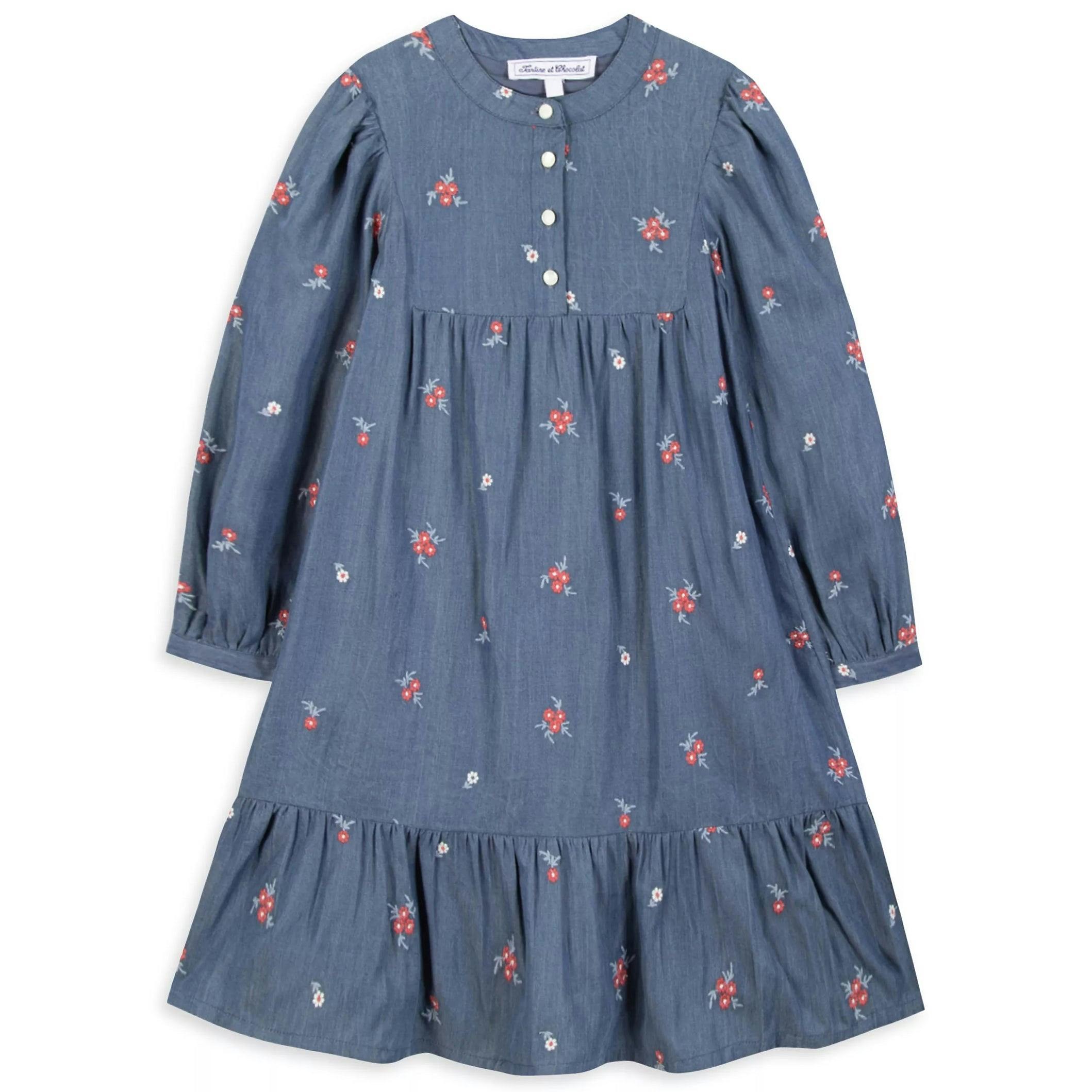 Chambray Floral Embroidered Long Sleeve Midi Dress