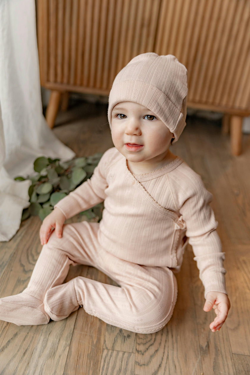 Wrap Ribbed Pointelle Romper and Hat Two Piece Set
