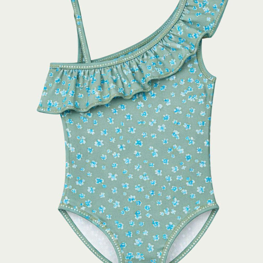 Khaki Flowers Girls' Ruffle Swimsuit