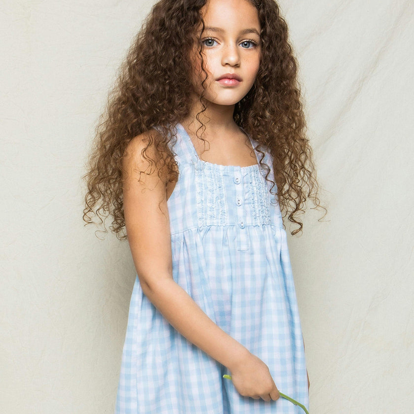 Girl's Twill Charlotte Nightgown in Light Blue Gingham