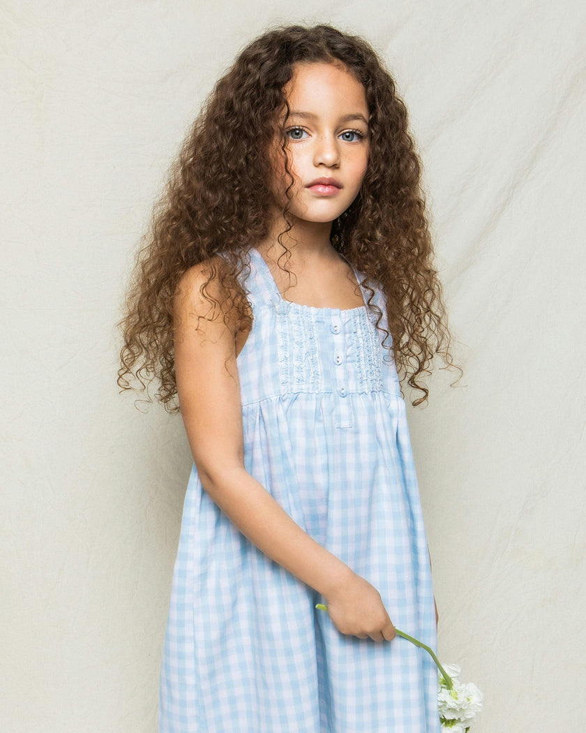 Girl's Twill Charlotte Nightgown in Light Blue Gingham