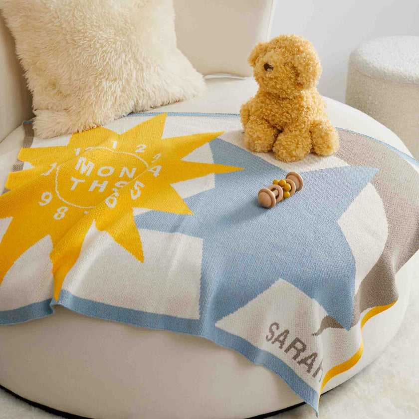 Custom Personalized Baby Sustainable Knit Throw Blanket - Sun Moon Stars Milestone