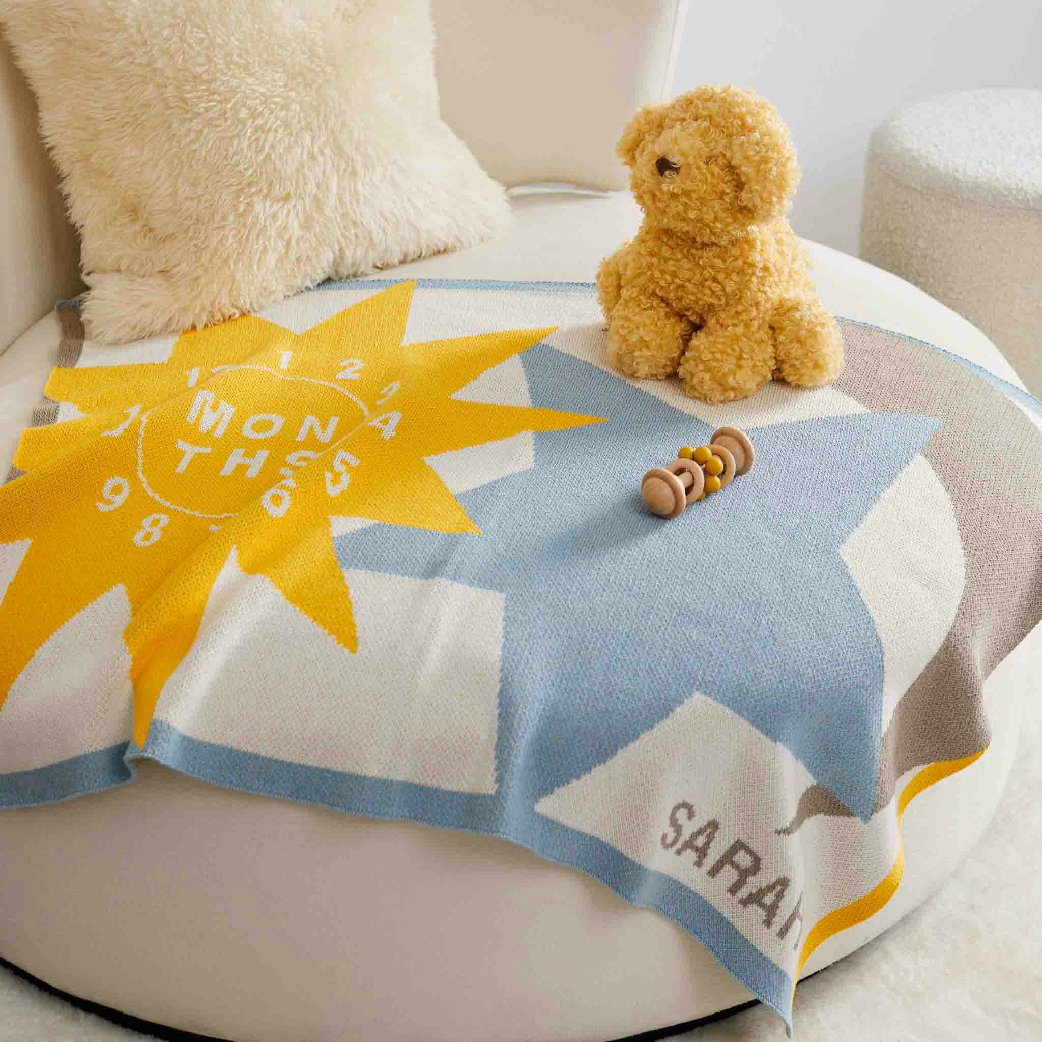 Custom Personalized Baby Sustainable Knit Throw Blanket - Sun Moon Stars Milestone