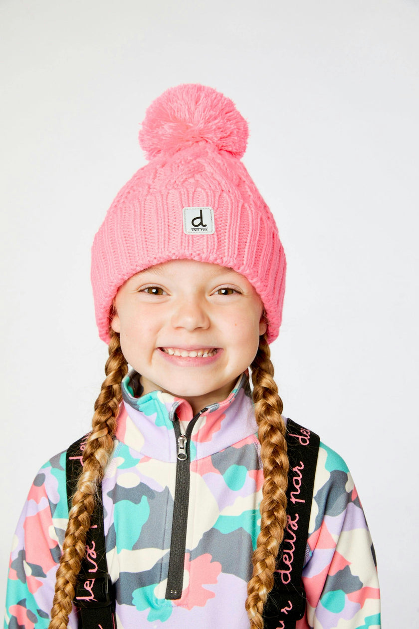 Winter Knit Hat with Pompom Neon Coral