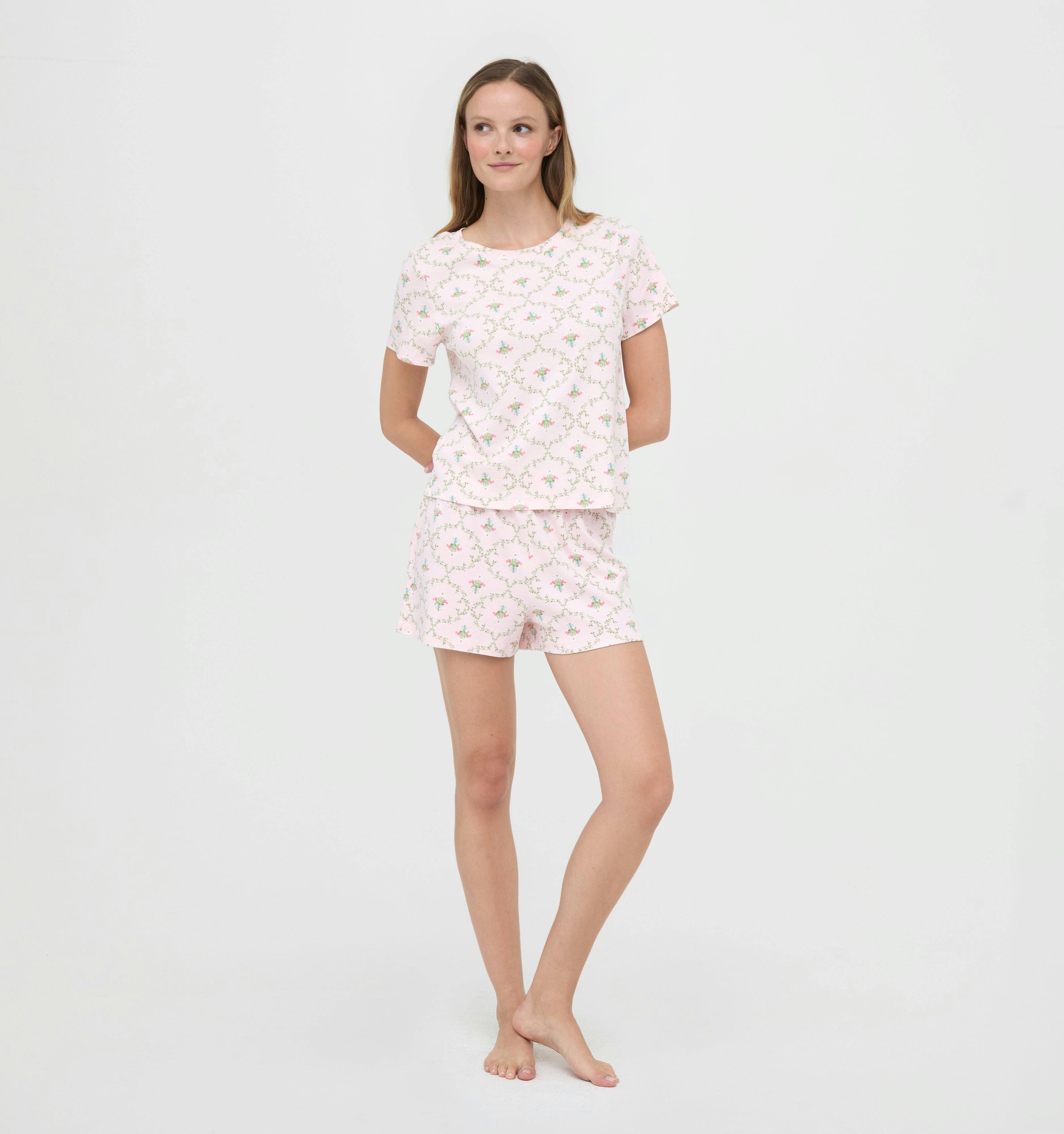 The Nina Pajama Set - Light Pink Trellis