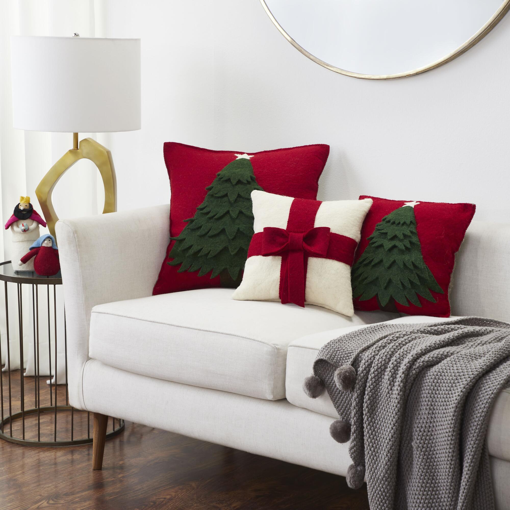 Red Bow on Cream - Christmas Pillow Cover in Hand Felted Wool - 14