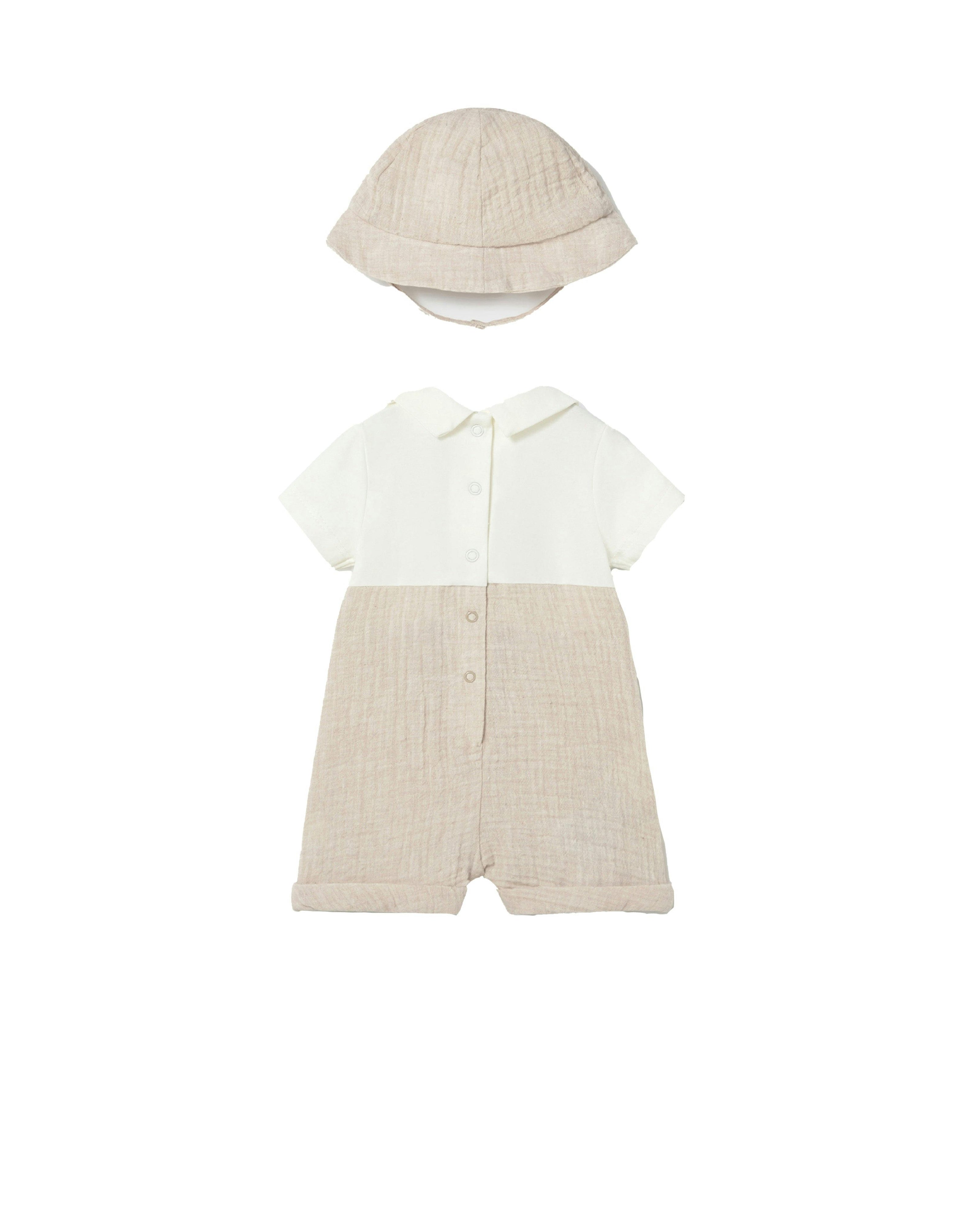 Beige Baby Romper & Hat Set