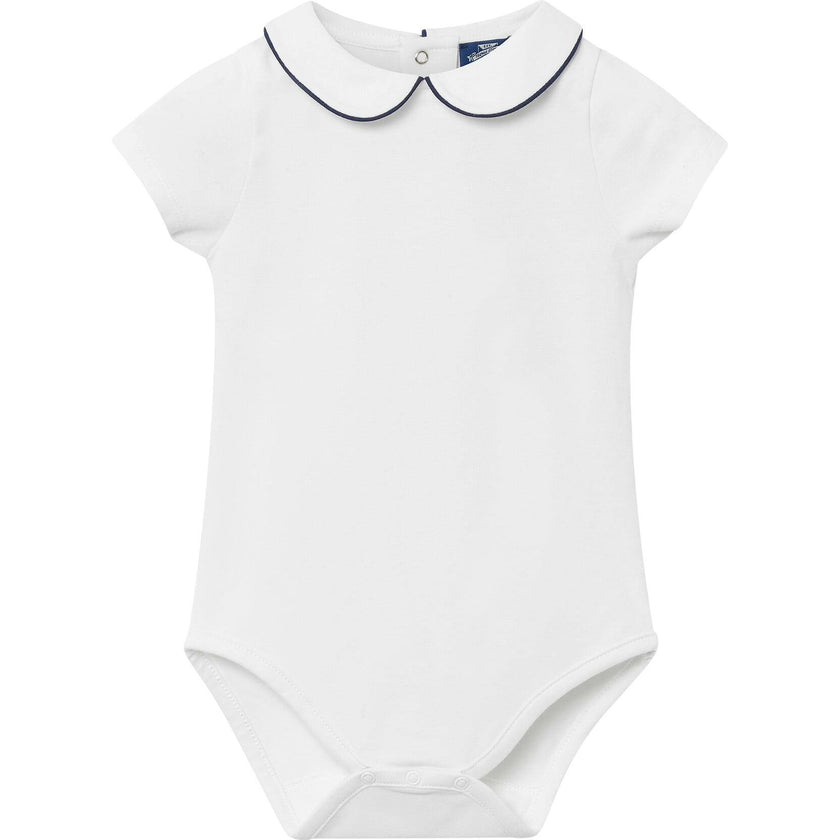 Baby Short-Sleeved Milo Bodysuit in White/Navy