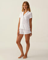 The Poppy Pima Short Set in White with Periwinkle Piping