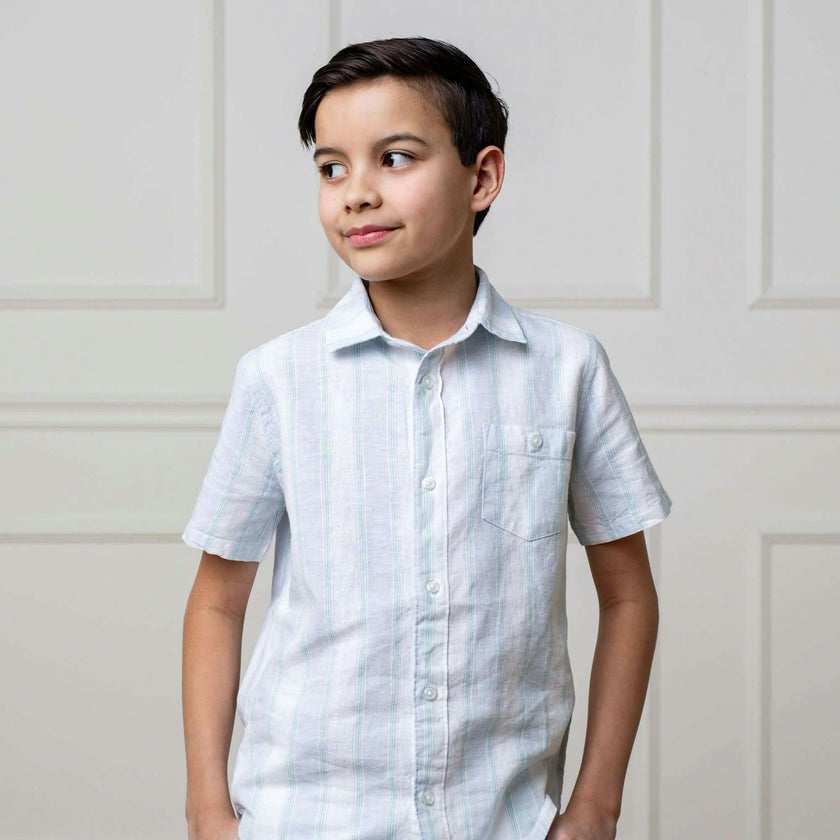 Linen Short Sleeve Button Down Shirt, Blue