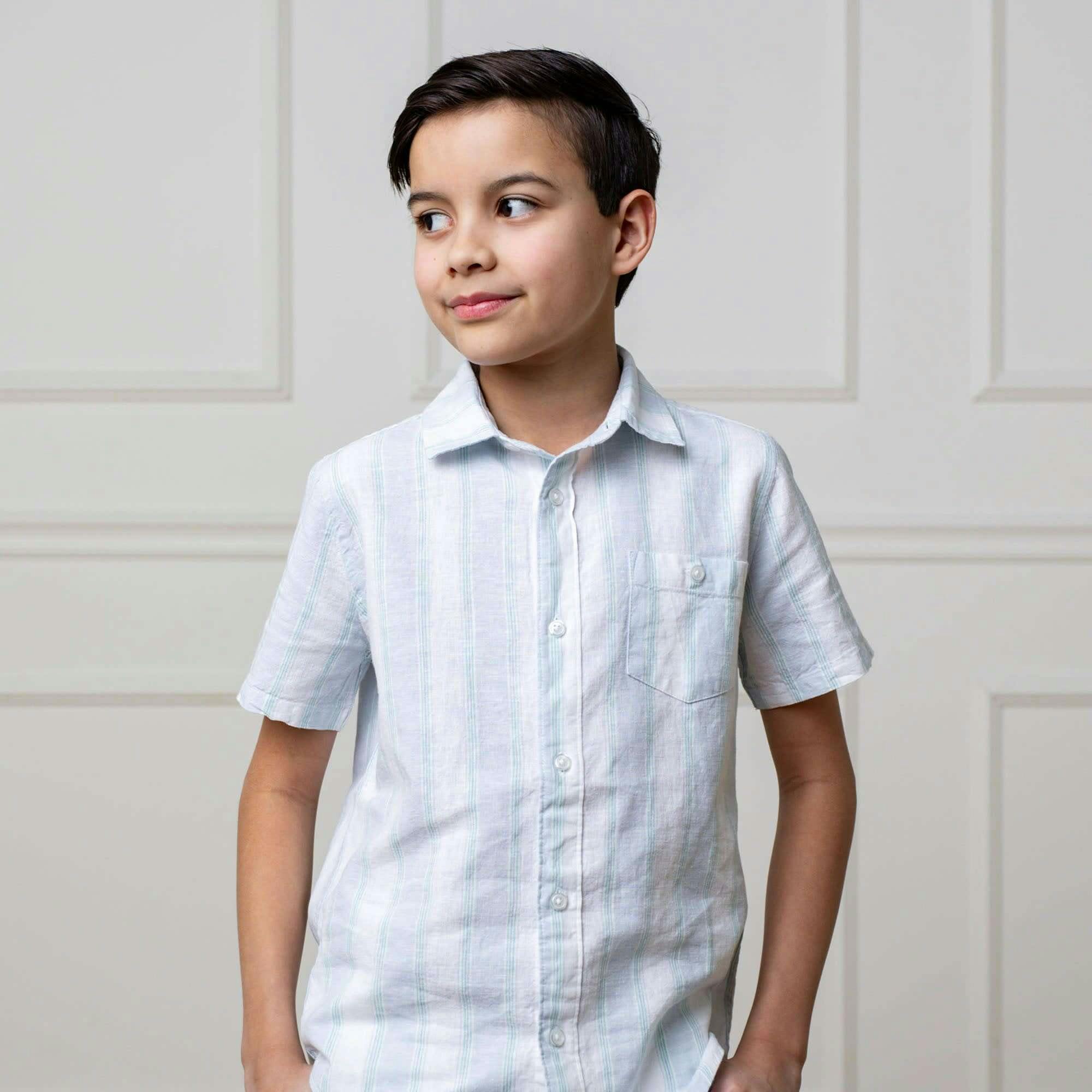 Linen Short Sleeve Button Down Shirt, Blue