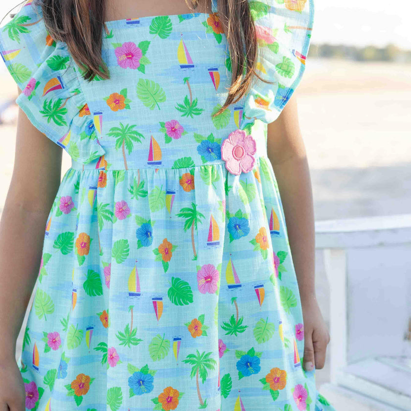 Printed Linen-Look Dress With Flower