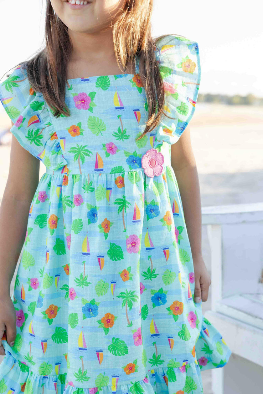 Printed Linen-Look Dress With Flower