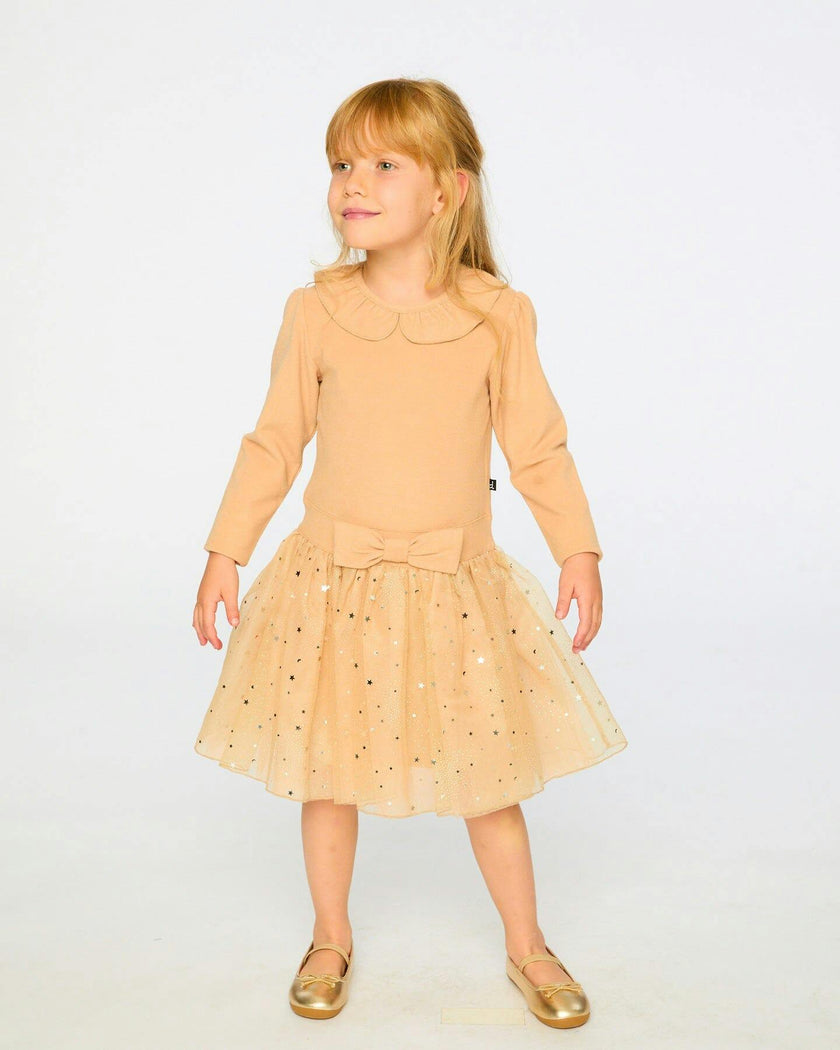 Bi-Material Dress With Glittering Skirt Beige