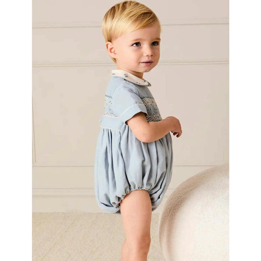 Hand Smocked Peter Pan Collar Short Sleeve Romper in Sky Blue (3mths-2yrs)