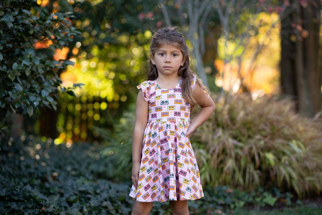 Racer Back Twirly Dress in Cassettes/Stars