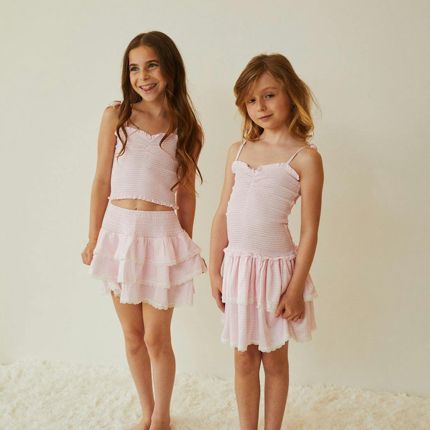 Gemma Pastel Pink & White Gingham Hearts Satin Mini Skirt