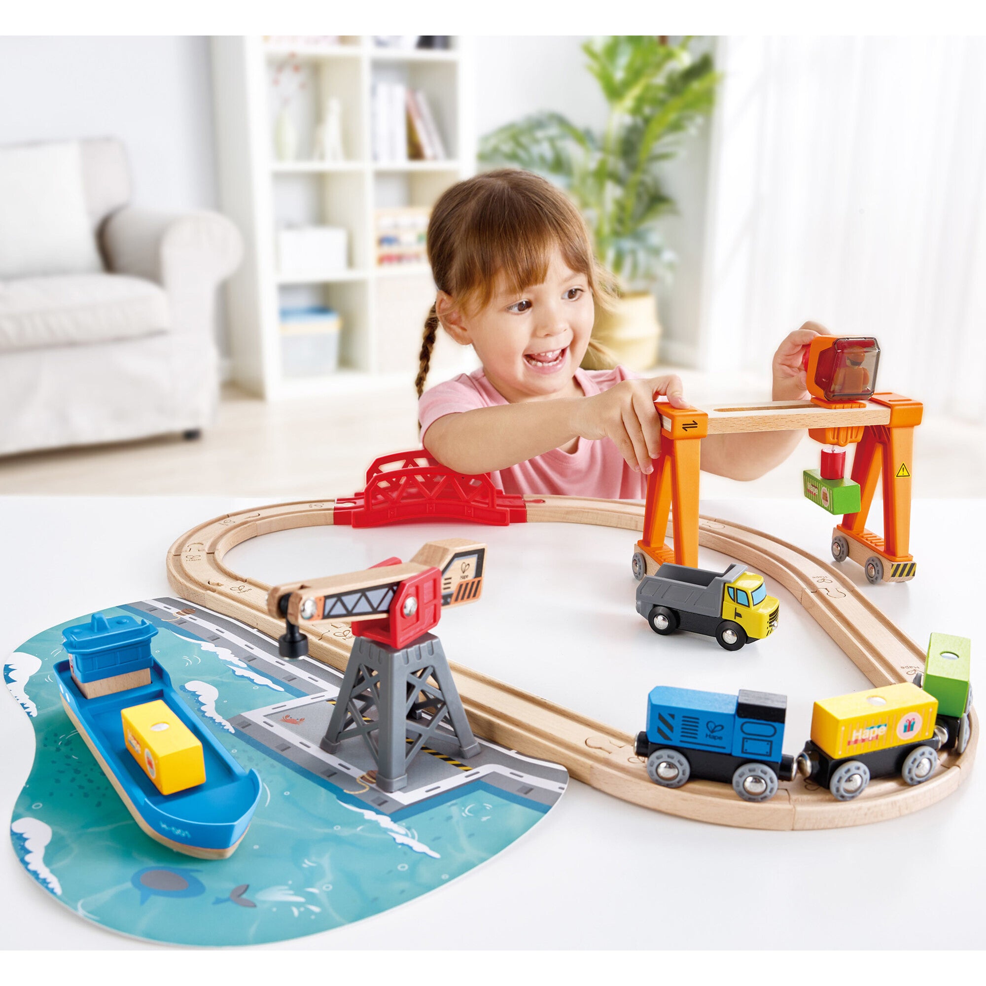 Hape: Lift & Load Harbor Set - 25 pc Land & Water Wooden Train Toy Playset