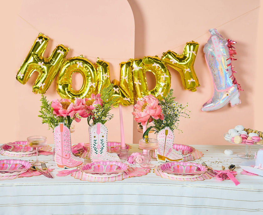 Packed Party Confetti and Fringe Cowboy Boot Mylar Balloons Set of 2 - 21-Inch Pink Boot-Shaped Balloons with Confetti Fill and Shiny Fringe Detailing