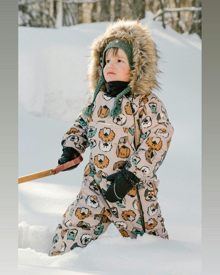 Baby One Piece Snowsuit Adapted For Car Seats Beige Dog Print