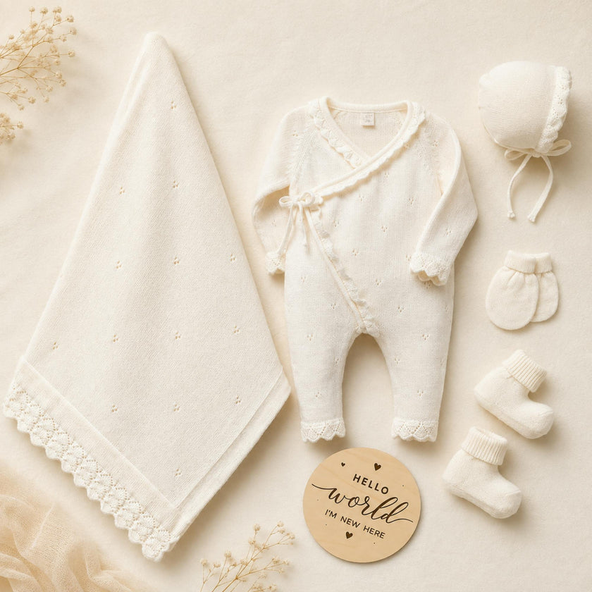 Baby Girl Organic Cotton Coming Home Outfit + Custom Wooden Name Sign Gift
