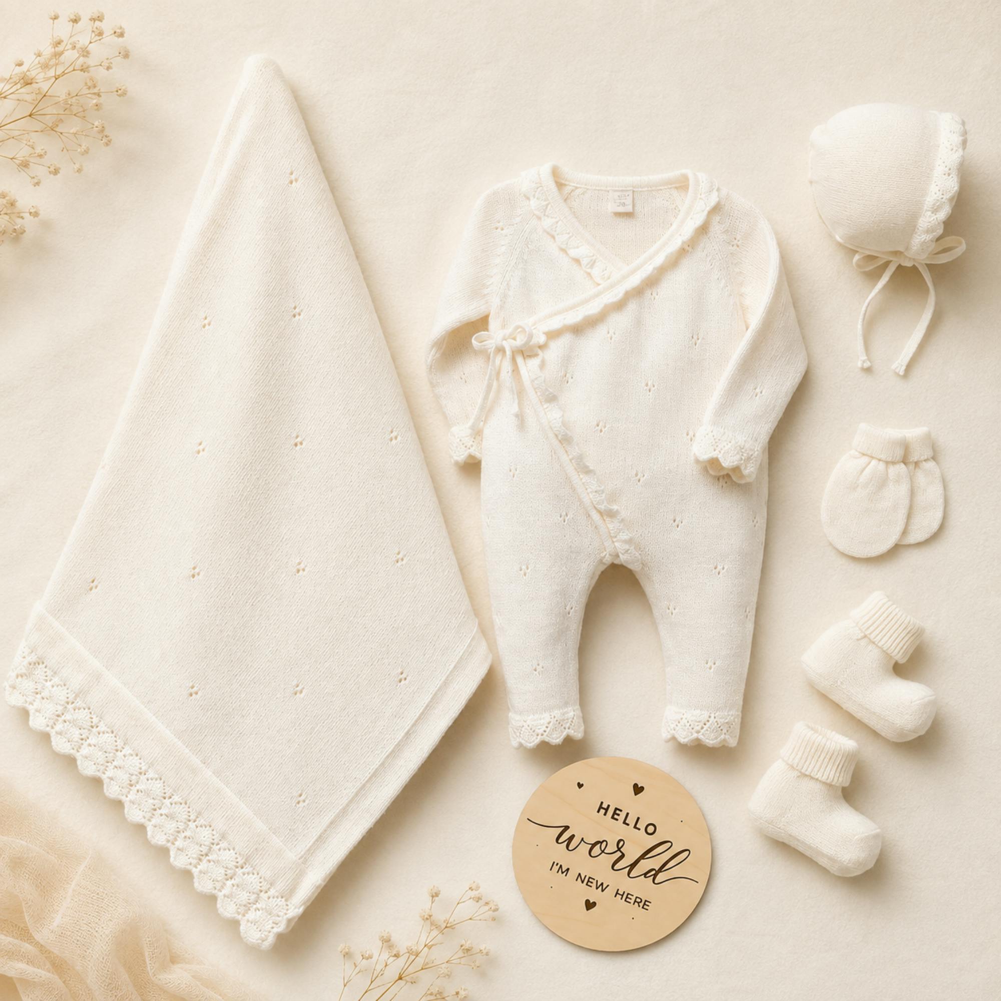 Baby Girl Organic Cotton Coming Home Outfit + Custom Wooden Name Sign Gift