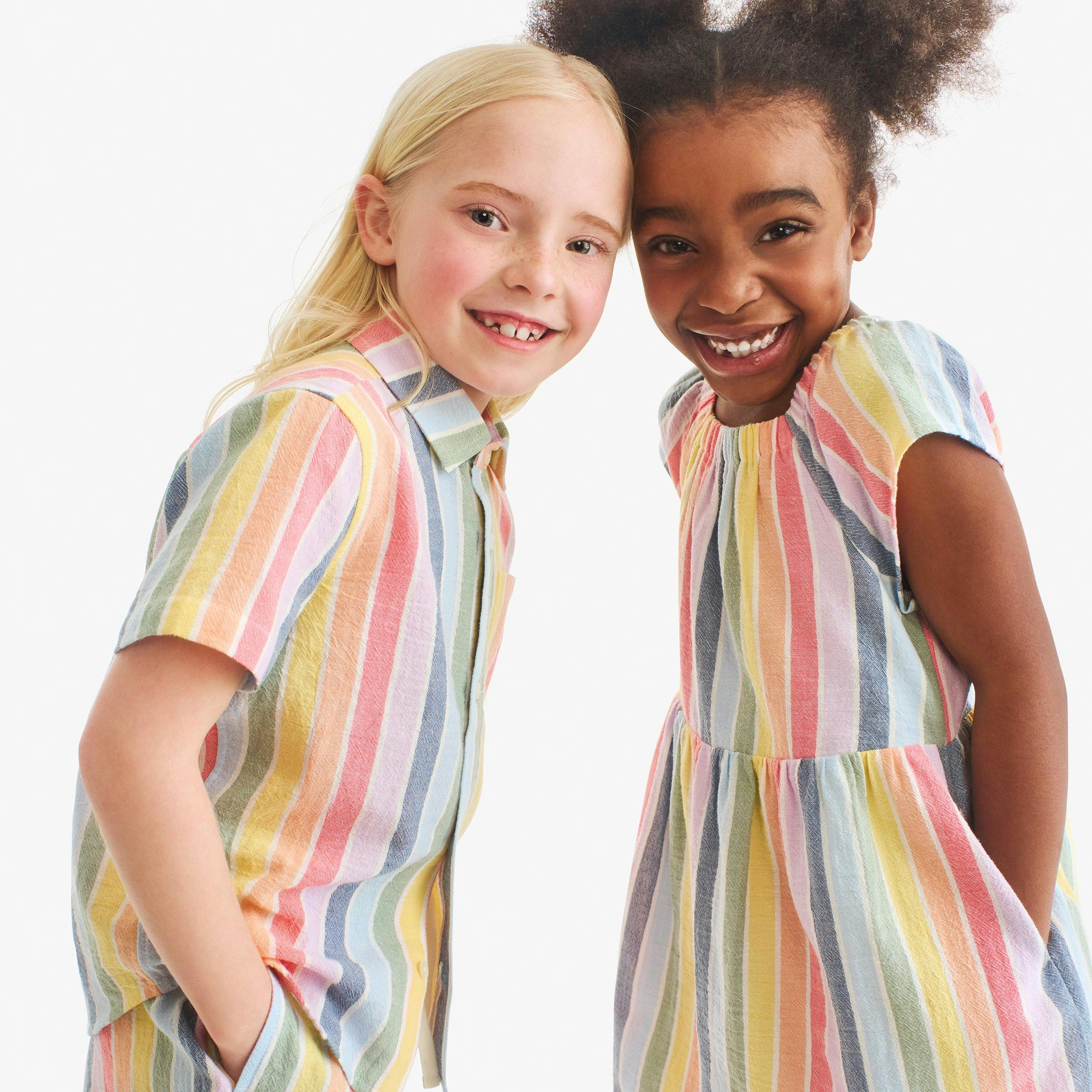 Kids cotton gauze boardwalk dress in rainbow stripe