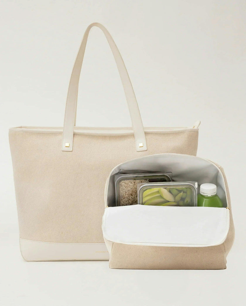 Vegan Leather Work Tote Bag with Removable Insulated Pouch, White Canvas