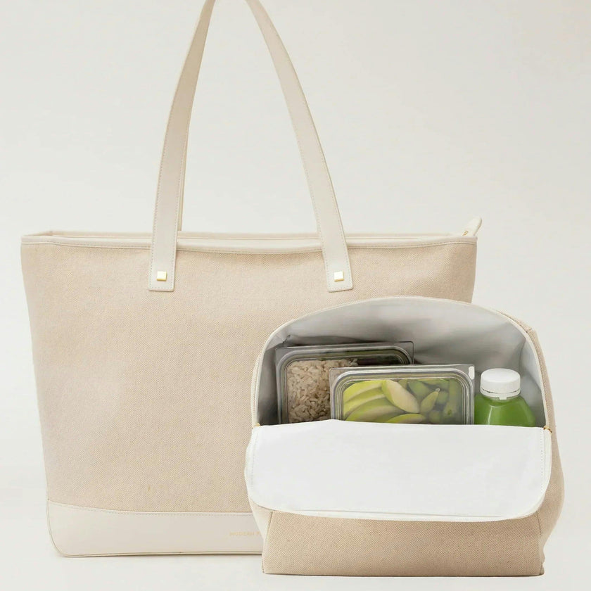 Vegan Leather Work Tote Bag with Removable Insulated Pouch, White Canvas