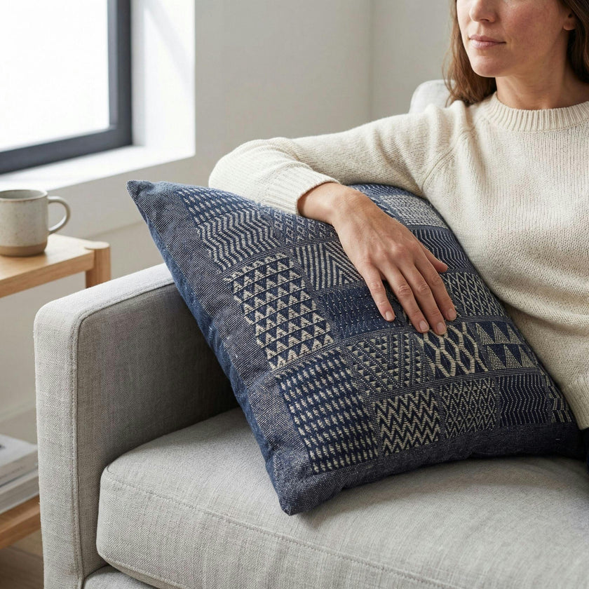 Artisan Hand Loomed Cotton Square Pillow - Indigo Blocks - 24" Arcadia Home