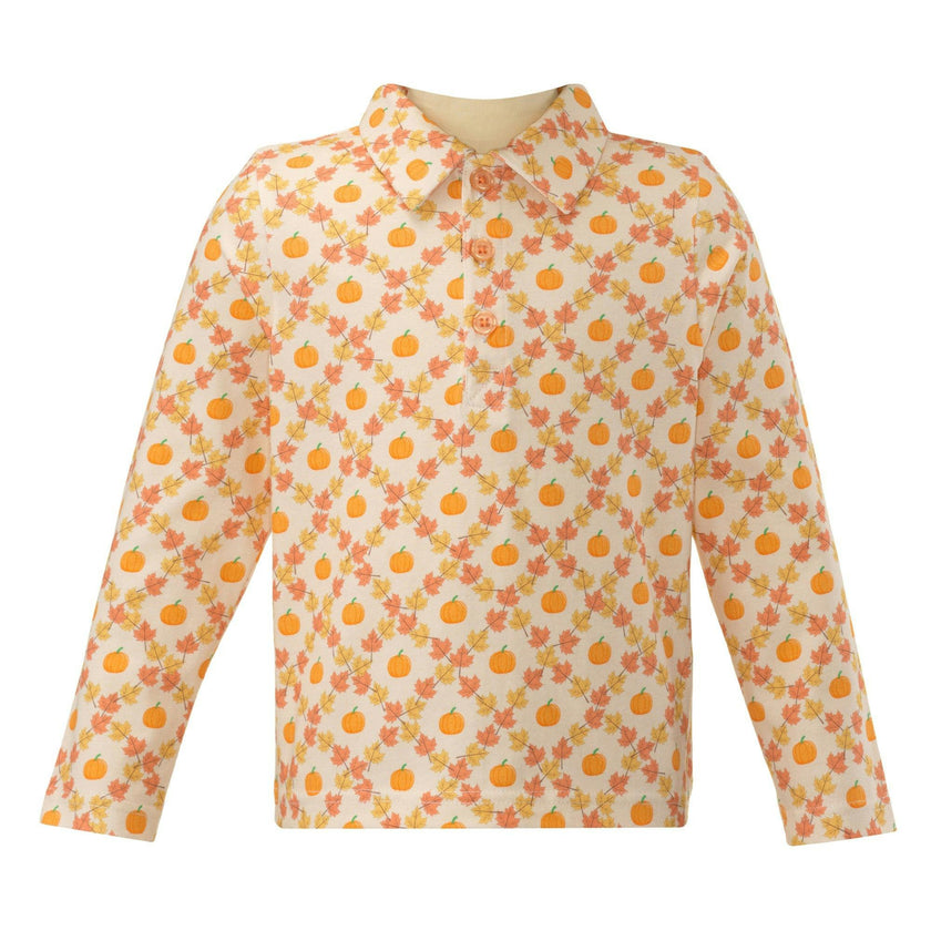 Pumpkin Print Check Long Sleeve Polo Shirt