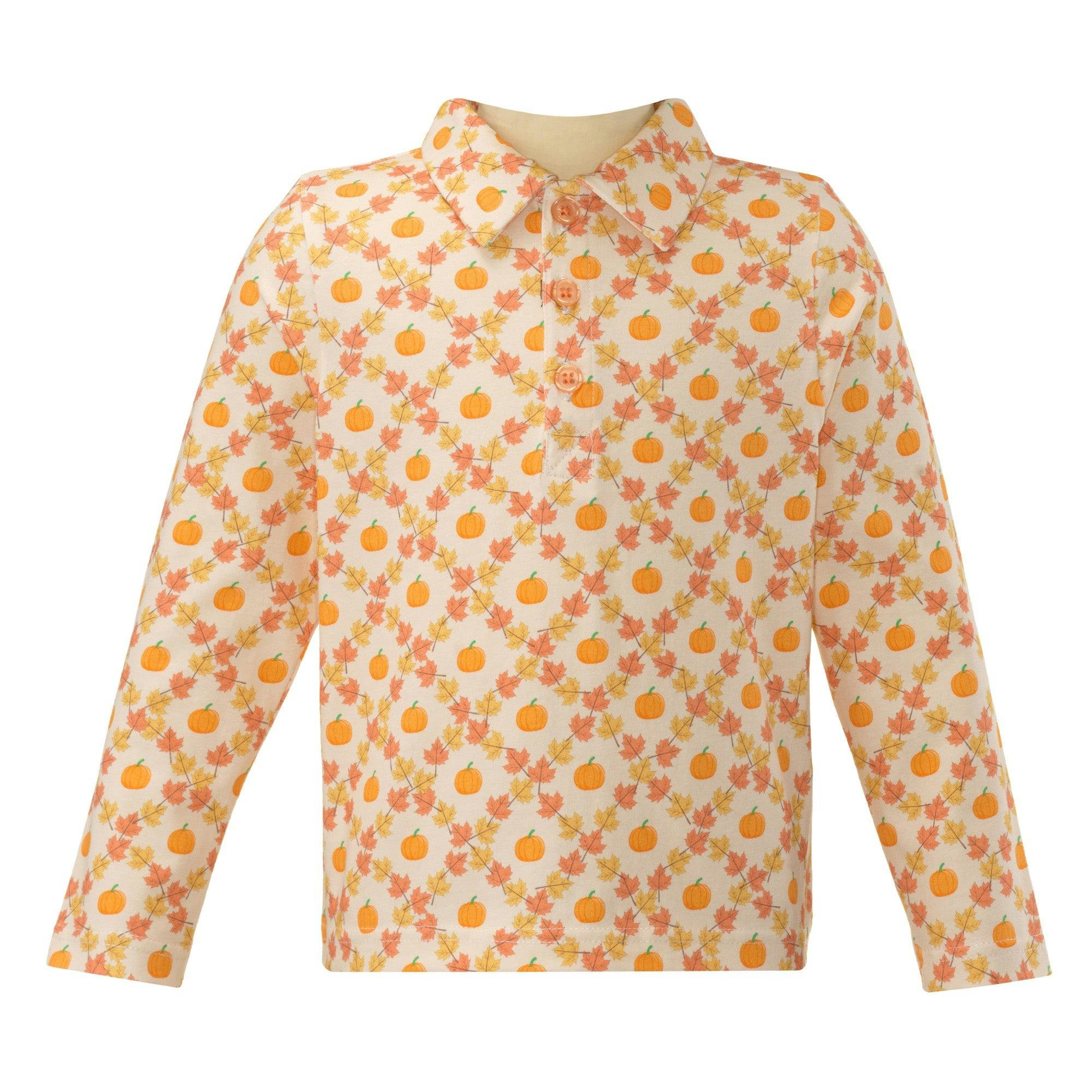 Pumpkin Print Check Long Sleeve Polo Shirt