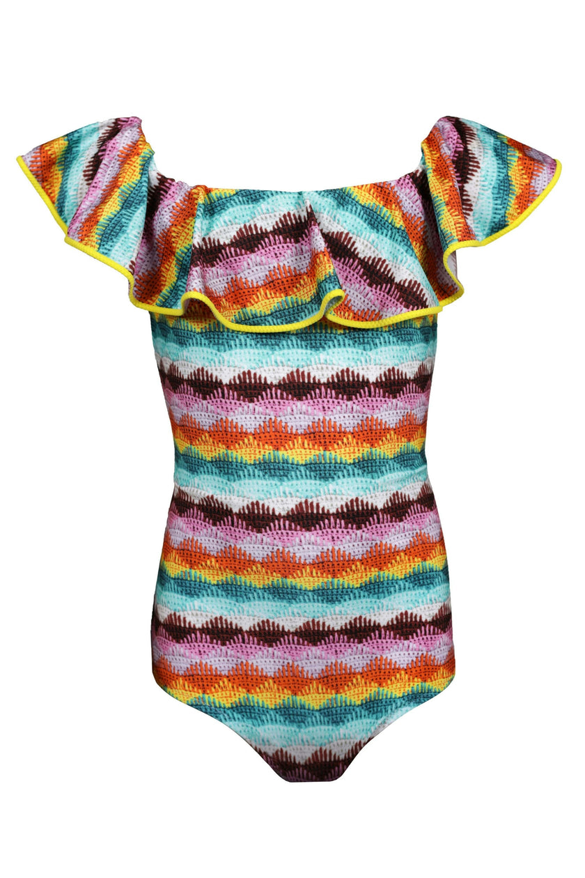 Pale Knit Ruffled On & Off-Shoulder Swimsuit