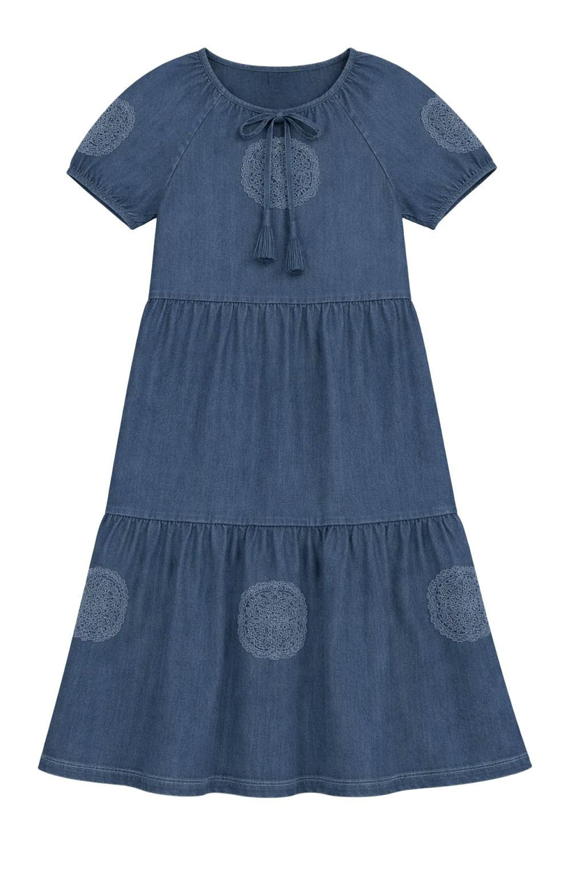 Denim Dress With Crochet Trim