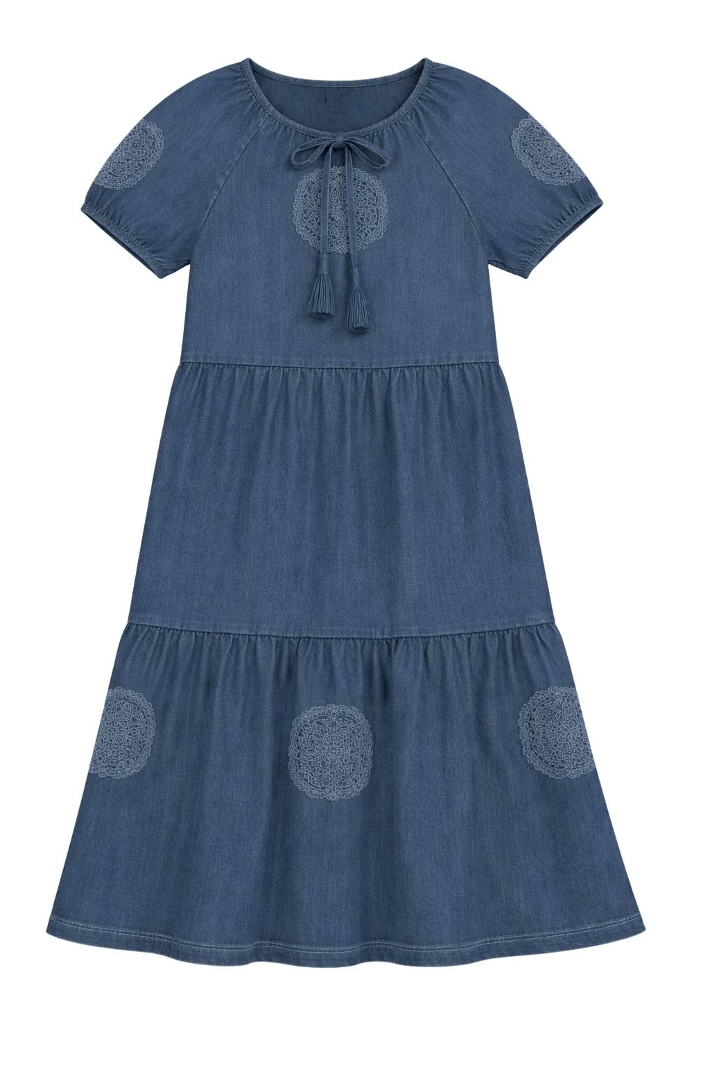 Denim Dress With Crochet Trim