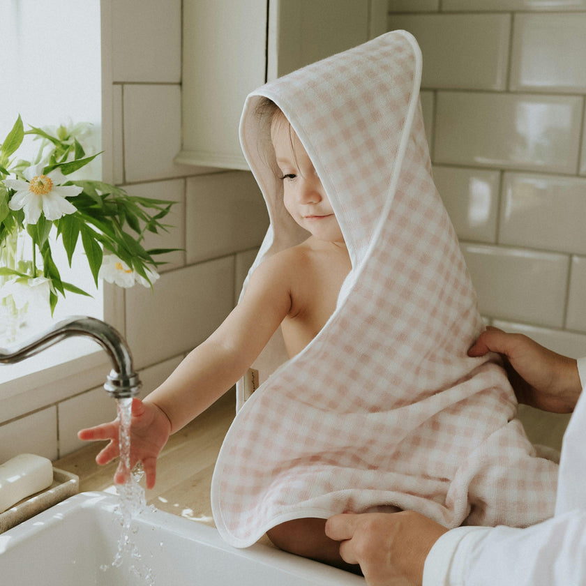 Picnic Gingham Baby Hooded Towel - Pink