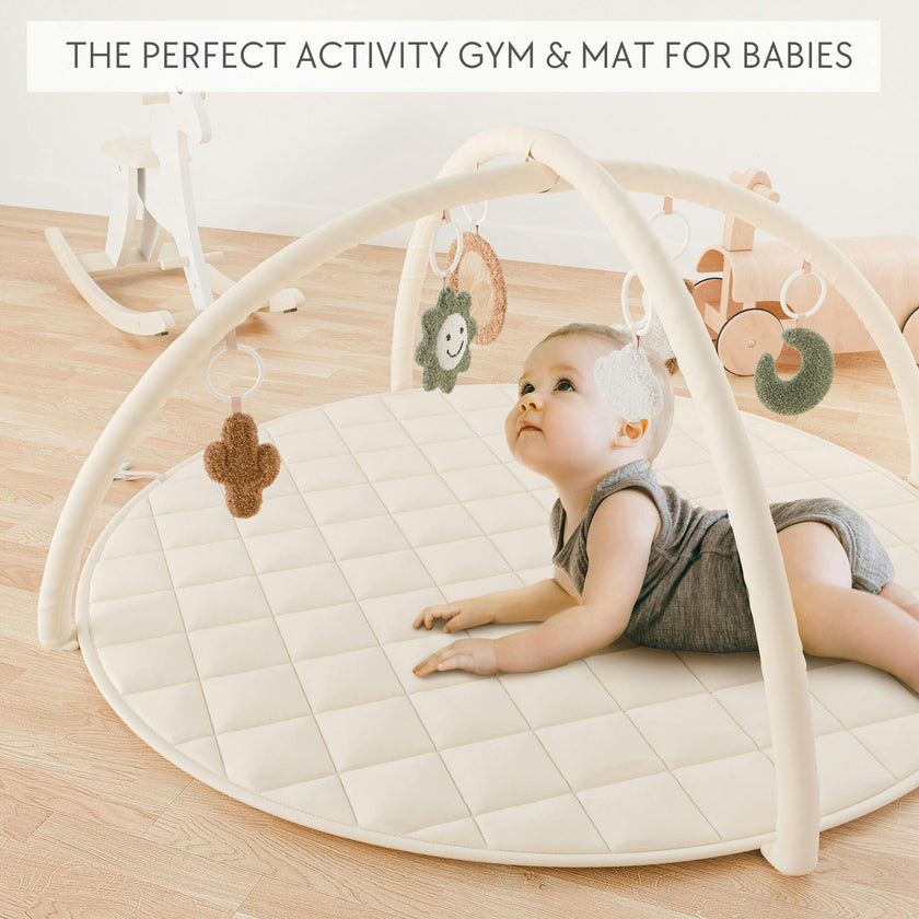 Beautiful Baby Play Gym - Soft Cotton Mat with 6 Cute Toys Creates The Perfect Activity Area for Your Girl/Boy - Stylish Infant Floor Playmat for Playroom
