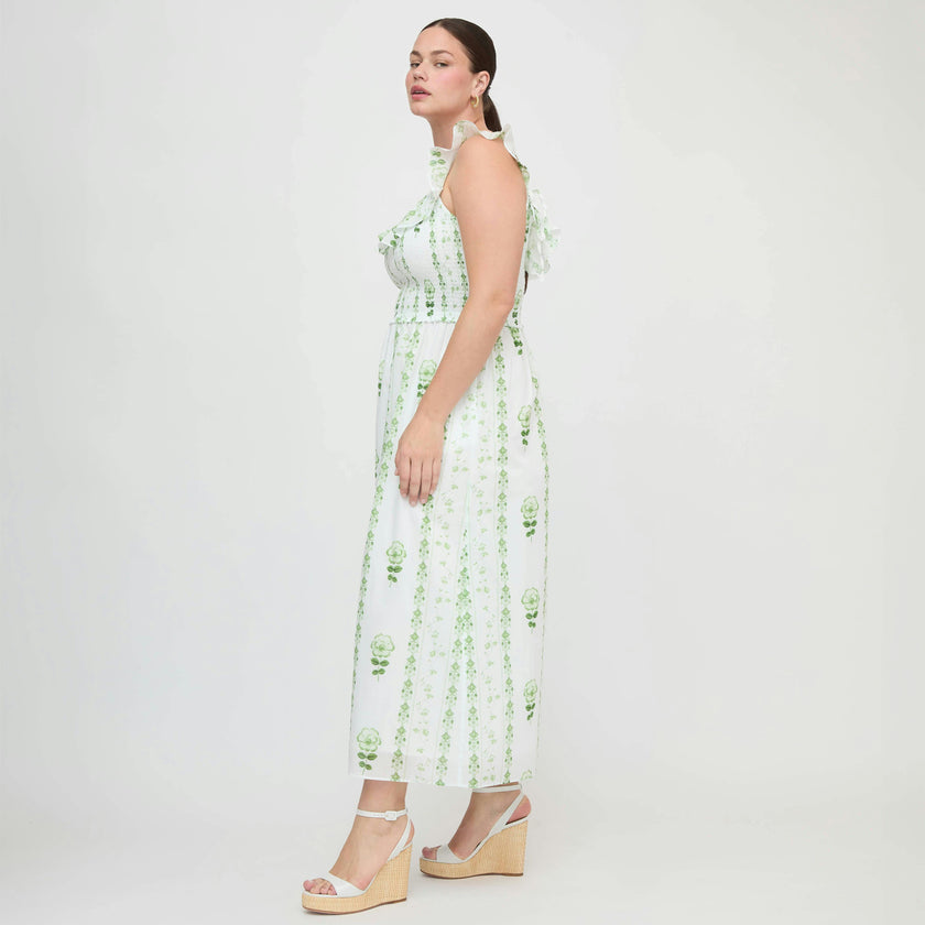 The Cambria Nap Dress - White/Green Arcadia Border