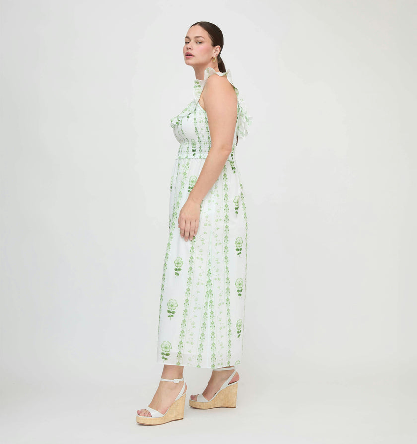The Cambria Nap Dress - White/Green Arcadia Border
