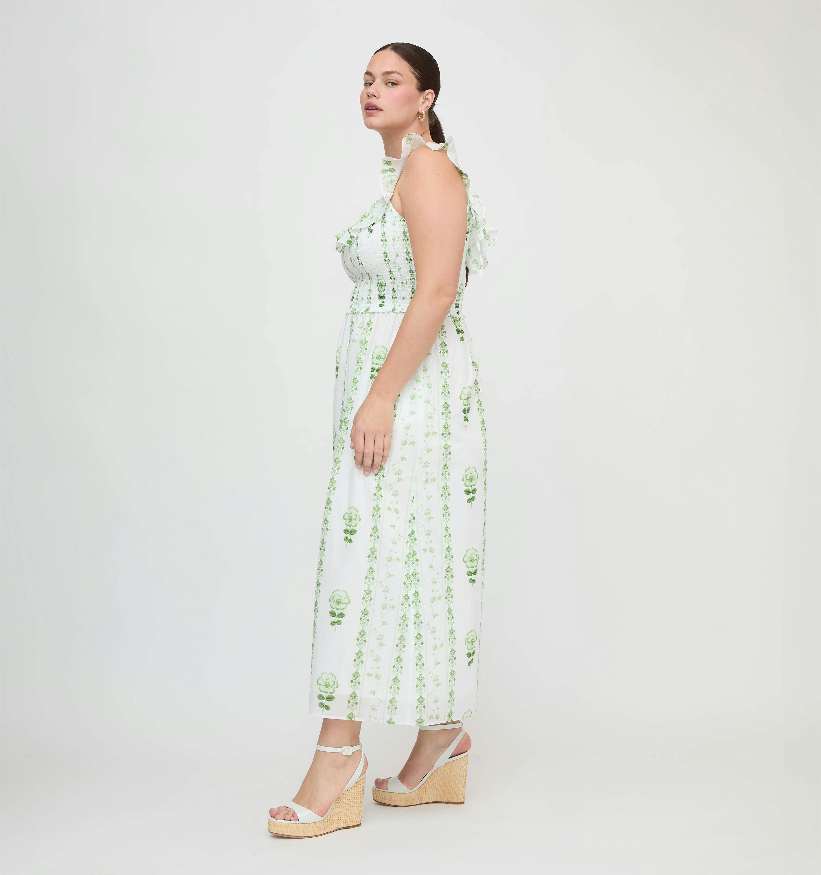 The Cambria Nap Dress - White/Green Arcadia Border