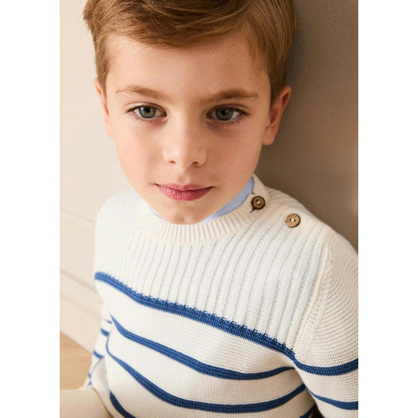 Striped Crewneck Ribbed Detail Blue & White Striped Jumper in Navy (12mths- 10yrs)