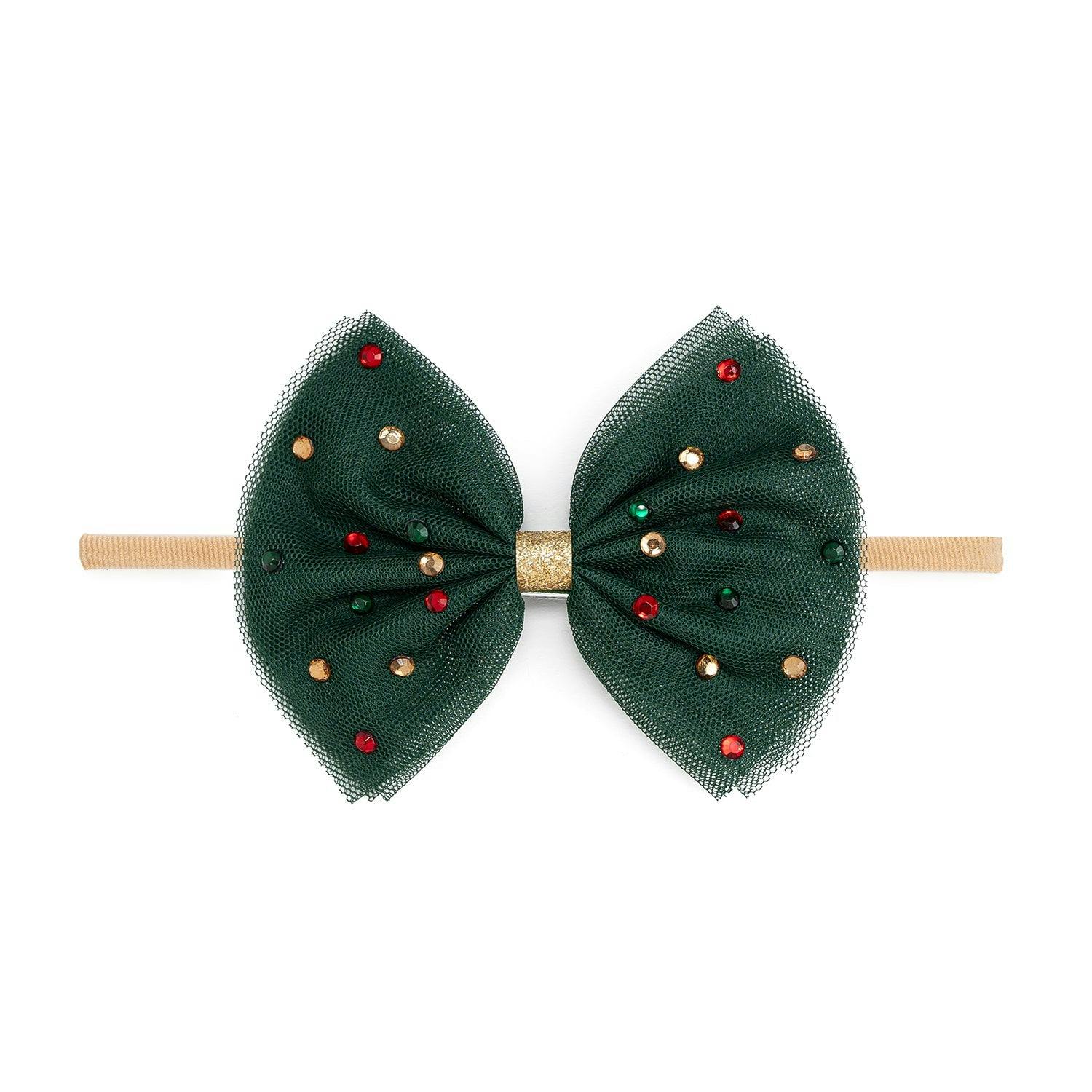 Emerald Rhinestone Christmas Tulle Bow Baby Headband