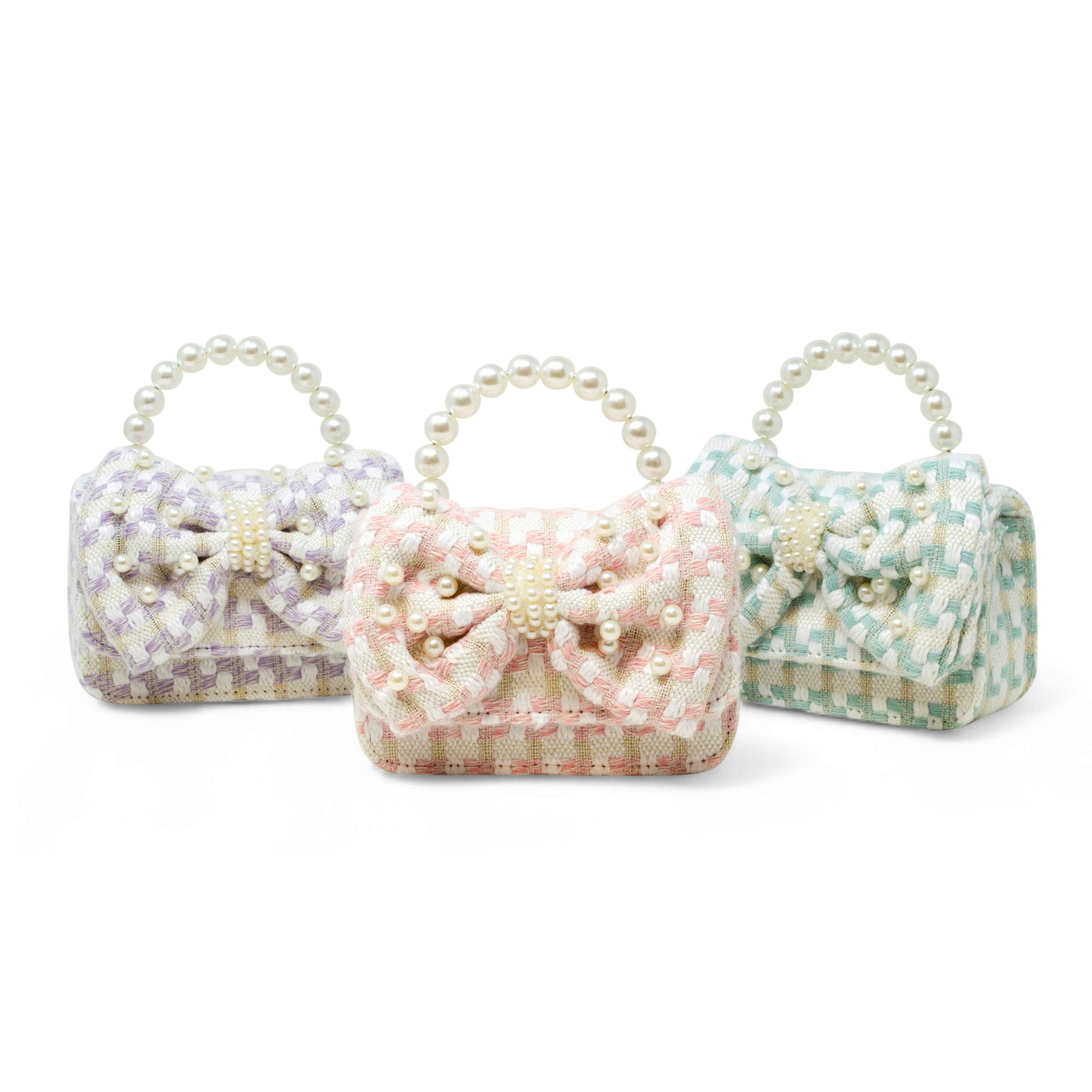 Girls Tweed Jumbo Pearl Bow Handbag