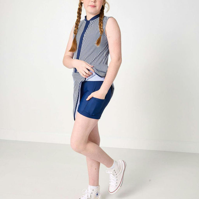 navy thin stripe court dress