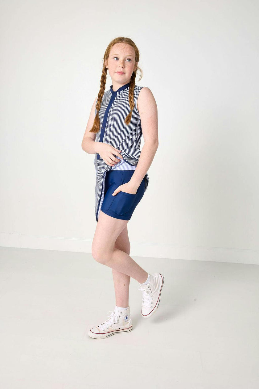navy thin stripe court dress