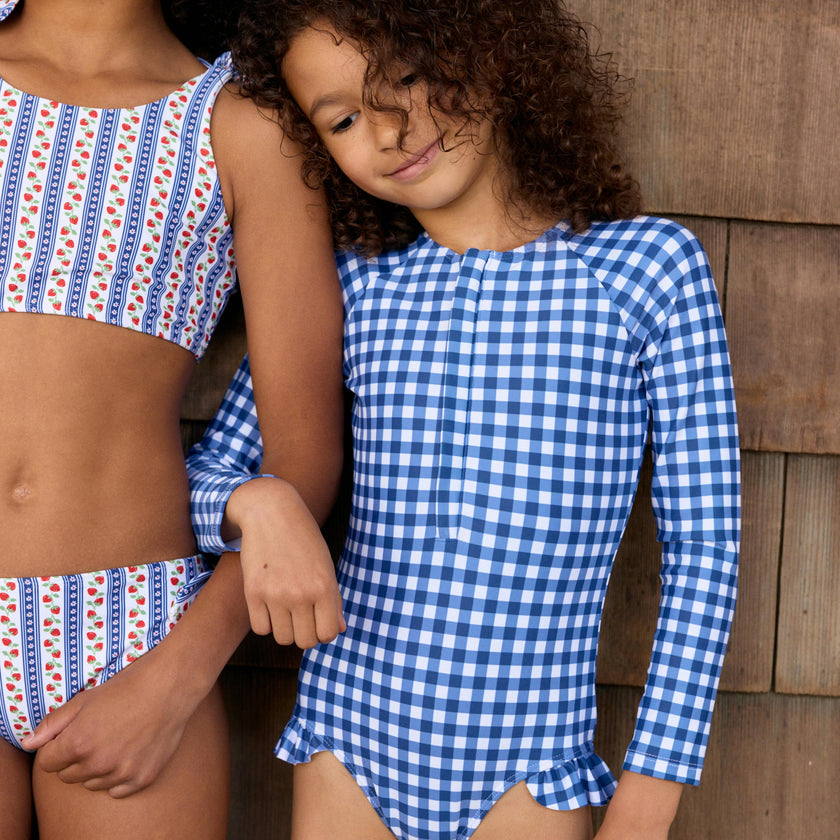 girls navy picnic gingham front zip rashguard one piece